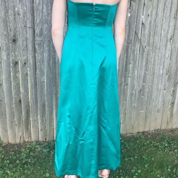 David's Bridal Satin A Line Draped Gown Beaded Neckline Strapless Turquoise - Picture 3 of 13